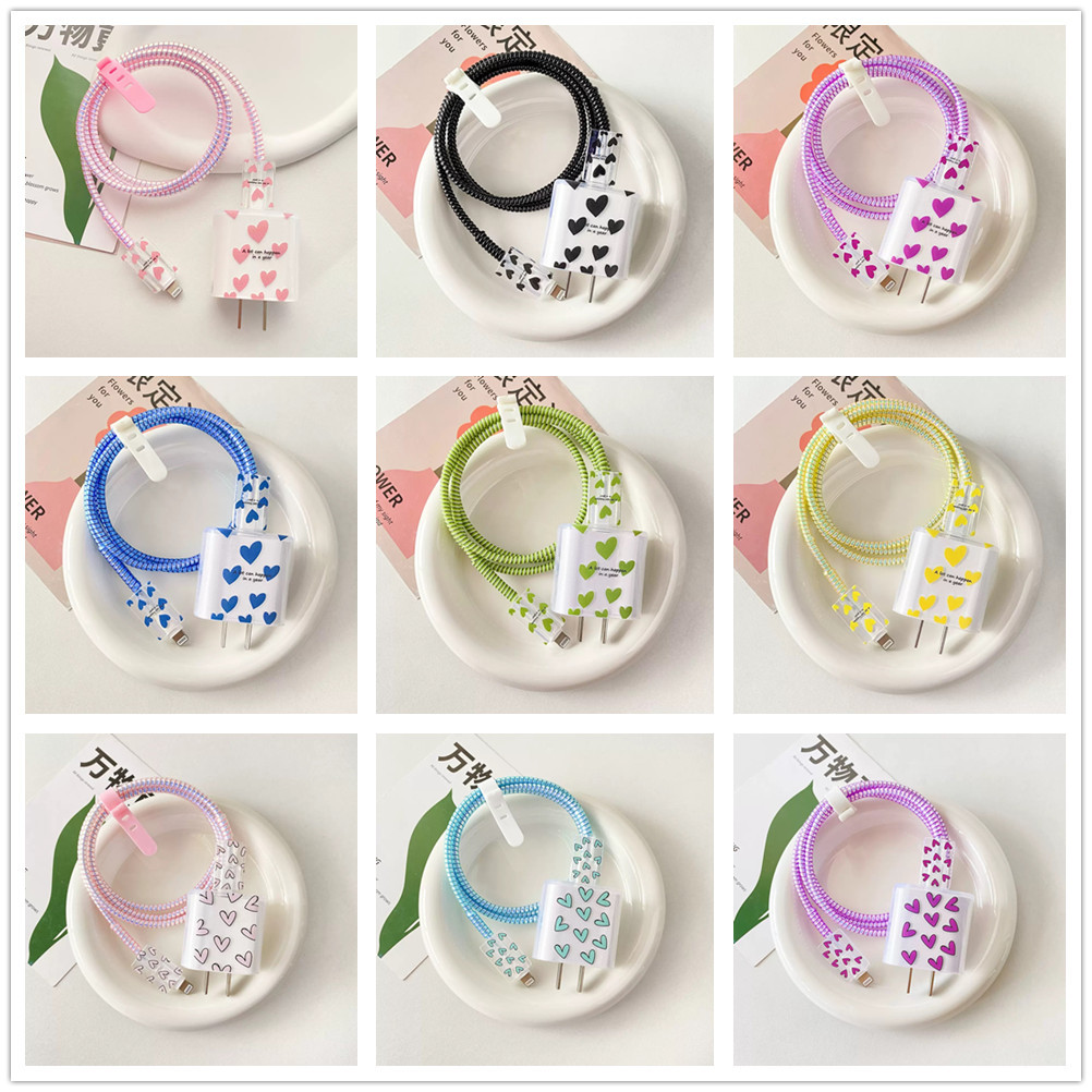 Ins Cartoon Cute Heart Romantic Suitable for Apple Charger 20W Protective Cover Charging Head Cover Data Cable Anti-Breakage