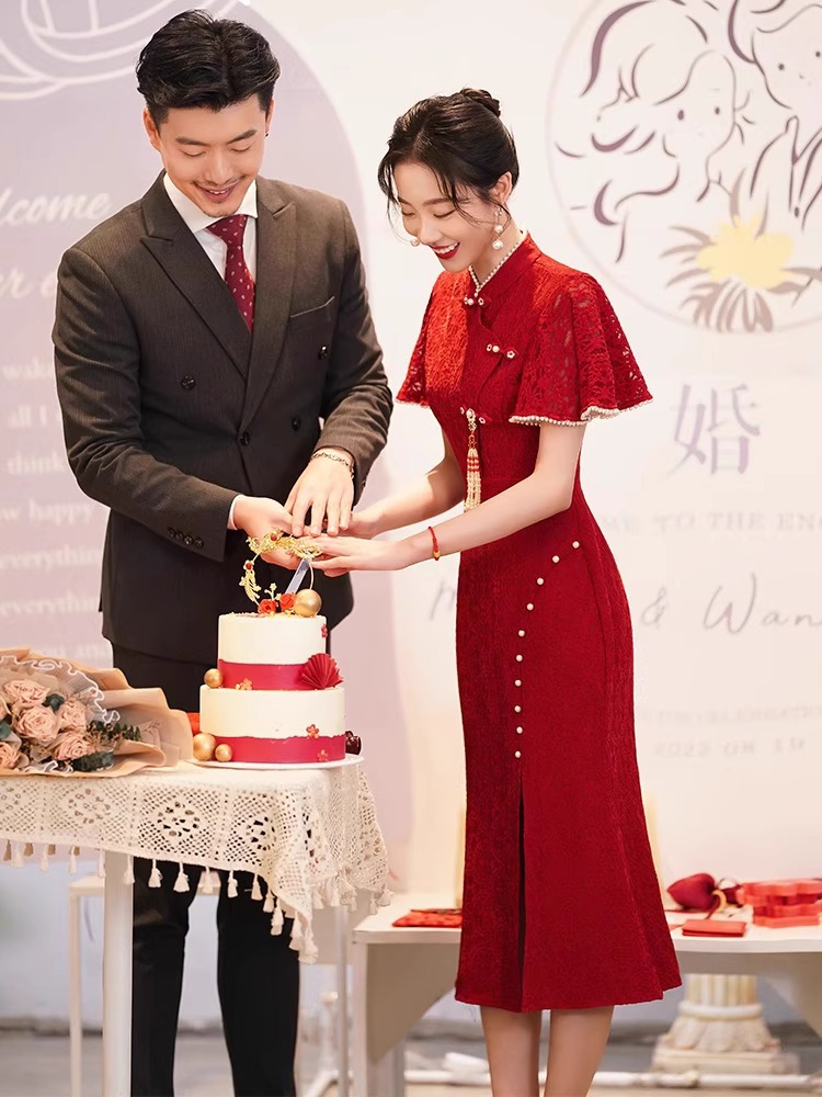 Платье для тостов, невеста, чонгсам, маленькое, платье для помолвки, женское, красное, китайское свадебное платье