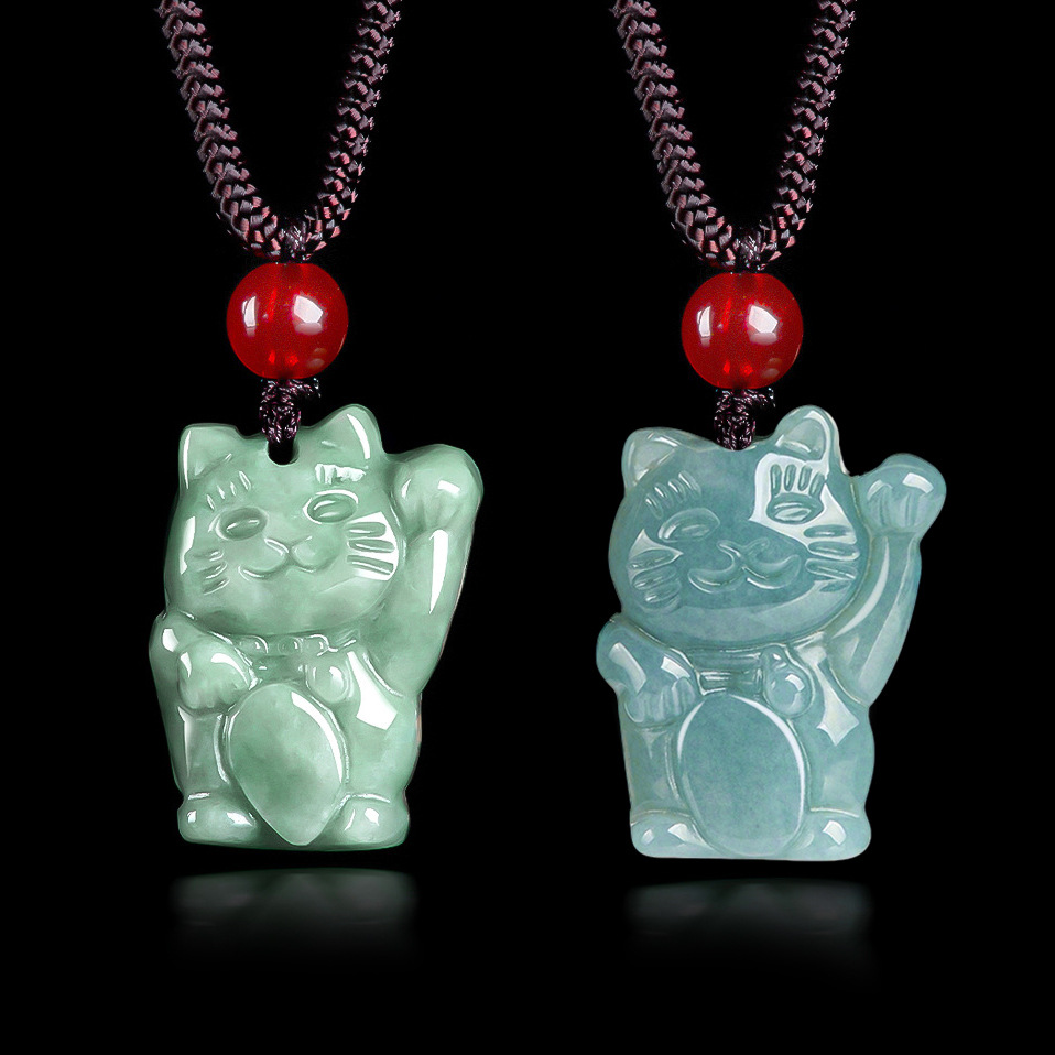 Natural A goods jade bean green lucky cat blue water cartoon cat glutinous jade pendant men's and women's pendant cute