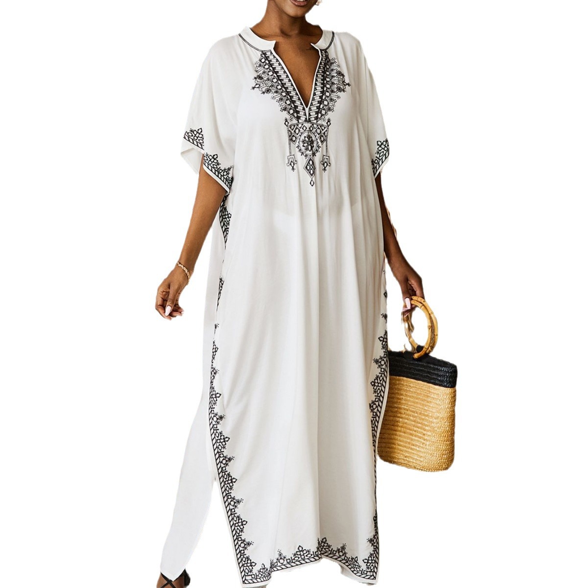 Beach blouse rayon embroidered holiday robe stand collar dress cross-border Amazon 23001(5 colors) L
