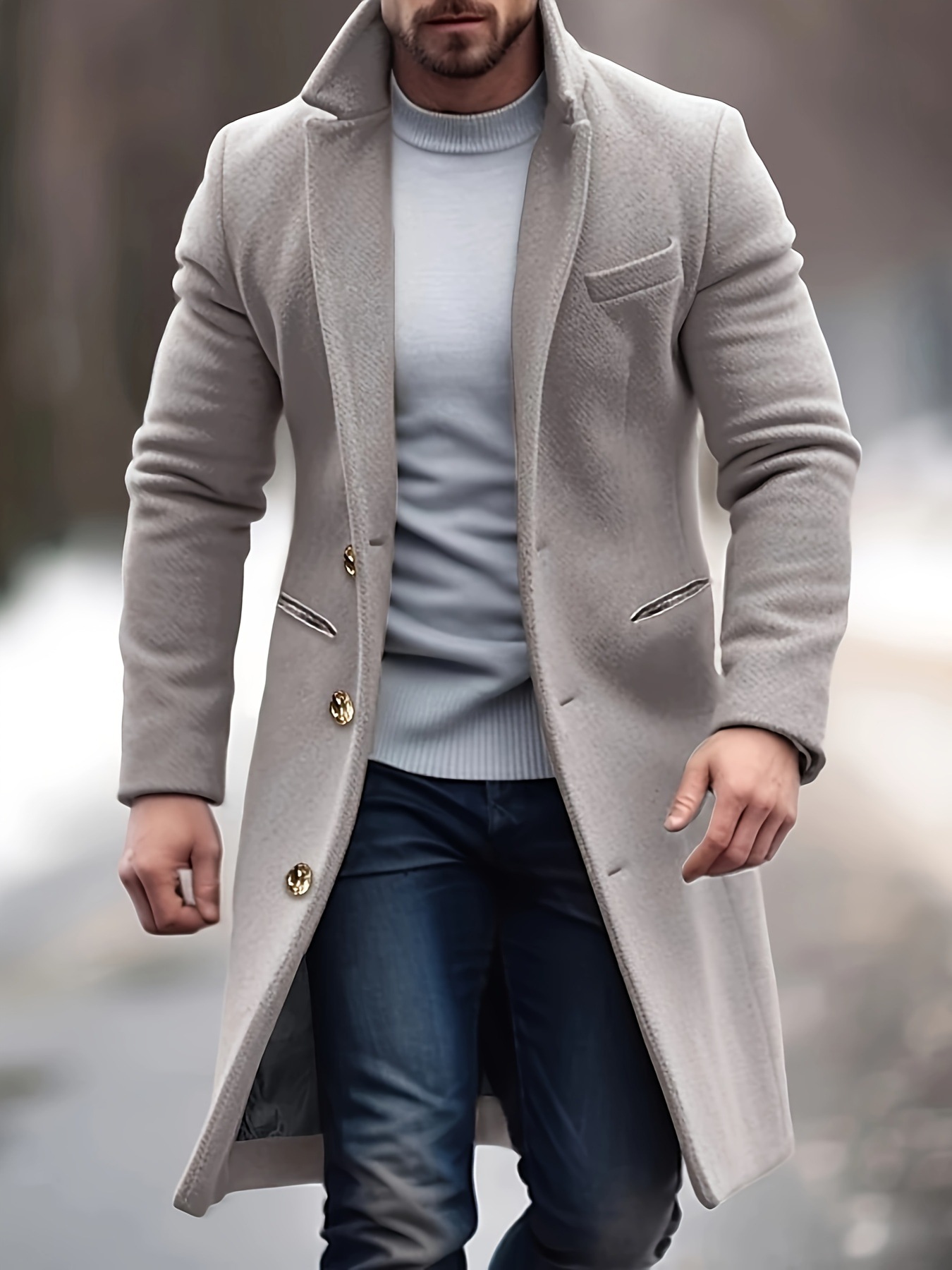 2024 European and American Cross-Border Men's Mid-Length Wool Coat, Slim Fit Suit Collar Trench Coat for Winter Commuting