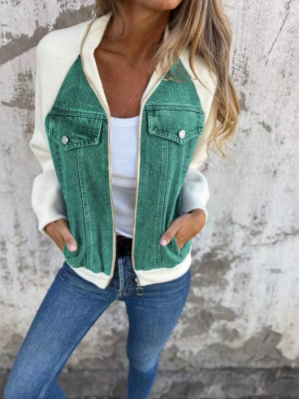 Cross-border Europe and the United States 2024 autumn and winter new Denim stitching jacket Amazon casual fashion rub shoulder sleeve coat women's clothing