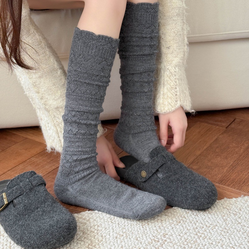 Autumn and Winter Hollow-Out Calf Socks, Warm Knitted Retro Gray Heavy-Duty Long Tube Autumn and Winter Slouchy Long Tube Cotton Socks