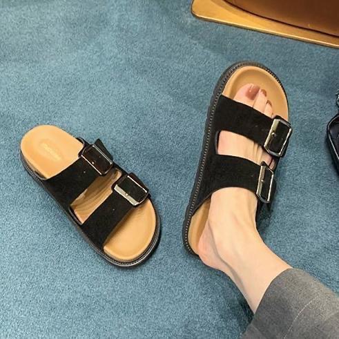 Platform Birkenbone Sandals and Slippers for Women's Outer Wear 2024 Summer New Style Casual Belt Buckle Open Toe Soft Bottom Non-Slip Sliding Slides
