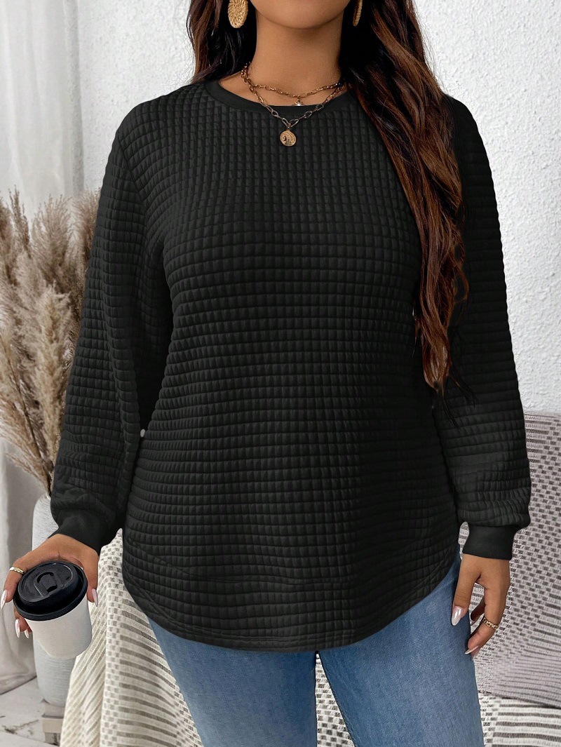 New plus size Women's Spring Autumn and Winter Fashionable All-match Casual Solid Color Square Plaid Pullover Sweatshirt