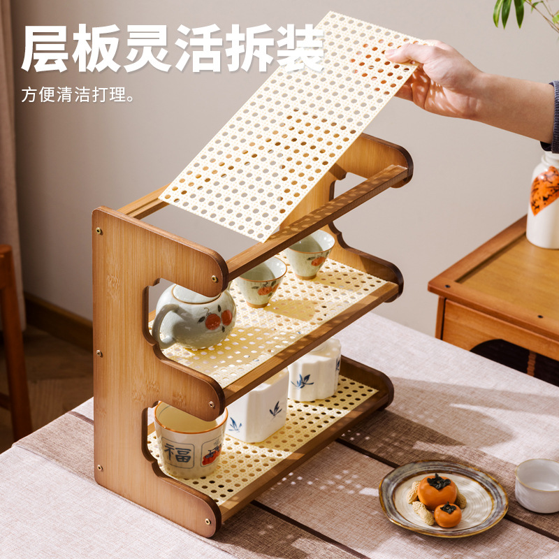New Chinese Style Desktop Antique Rack Teapot Rack Small Duobao Pavilion Tea Room Ornaments Desktop Storage Rack Tea Cup Tea Set Rack