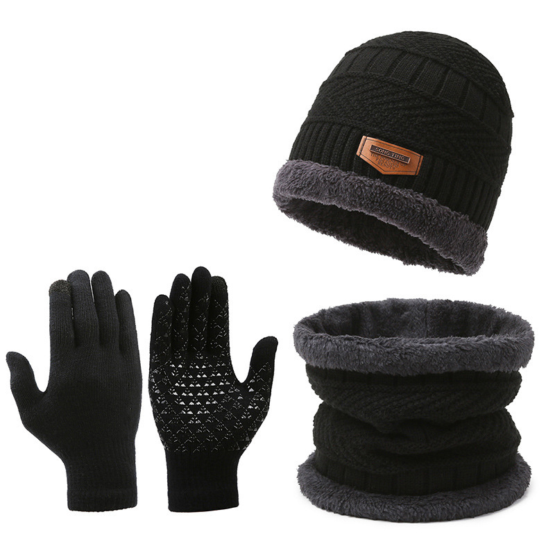 Cross-border suit hat men's winter scarf gloves three-piece scarf all-in-one fleece-lined warm winter knitted hat