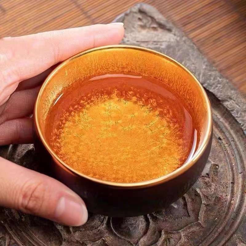 High-End Colorful Peacock Gilt Calendula Gold Oil Drop 24K Built Live Broadcast Special Master Tea Cup Large Tea Cup