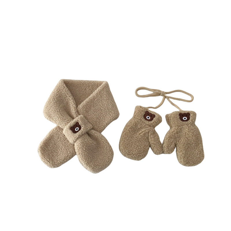 Children's Scarf and Gloves Two-Piece Set Winter Lamb Wool Super Cute Cute Bear Winter Baby Warm Cross Scarf