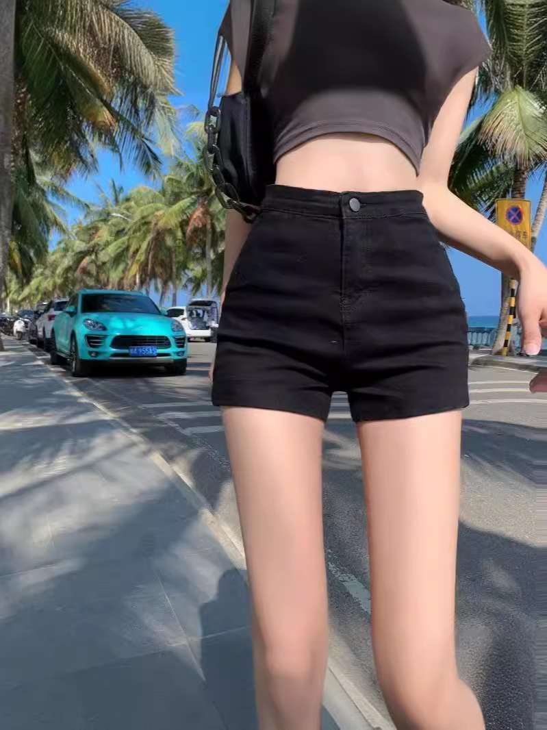 Denim Shorts Women's Elastic High-waisted Black Slimming Look Sexy Pants A-line Hot Pants Tight Buttocks Hip-covering Slim ins Trend