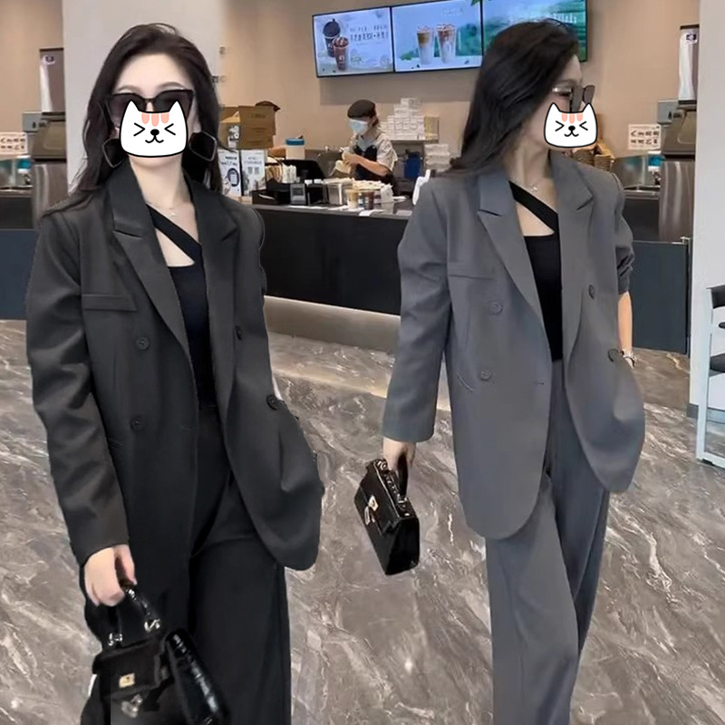 плюс сайз высококачественный повседневный свободный костюм для женщин, стройнящие широкие брюки, двухкомпонентный комплект [6613]