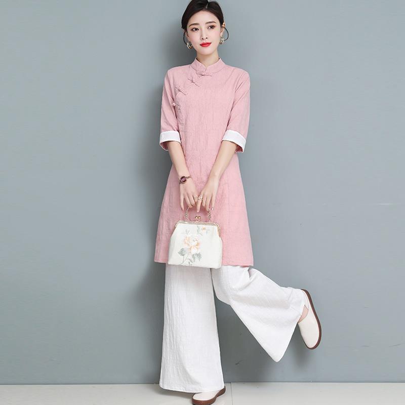Китайский стиль женская ретро жаккардовая хлопковая льняная чайная одежда весна и лето ханфу улучшенная чонгсам верхняя одежда для салонов красоты