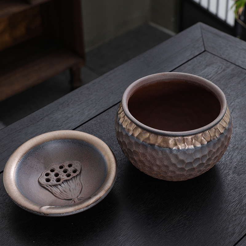 Retro Coarse Pottery Tea Residue Jar, Water Basin, Tea Wash Storage, Desktop Waste Water Jar, Trash Can, Dry and Wet Separation with Filter, Double Layer