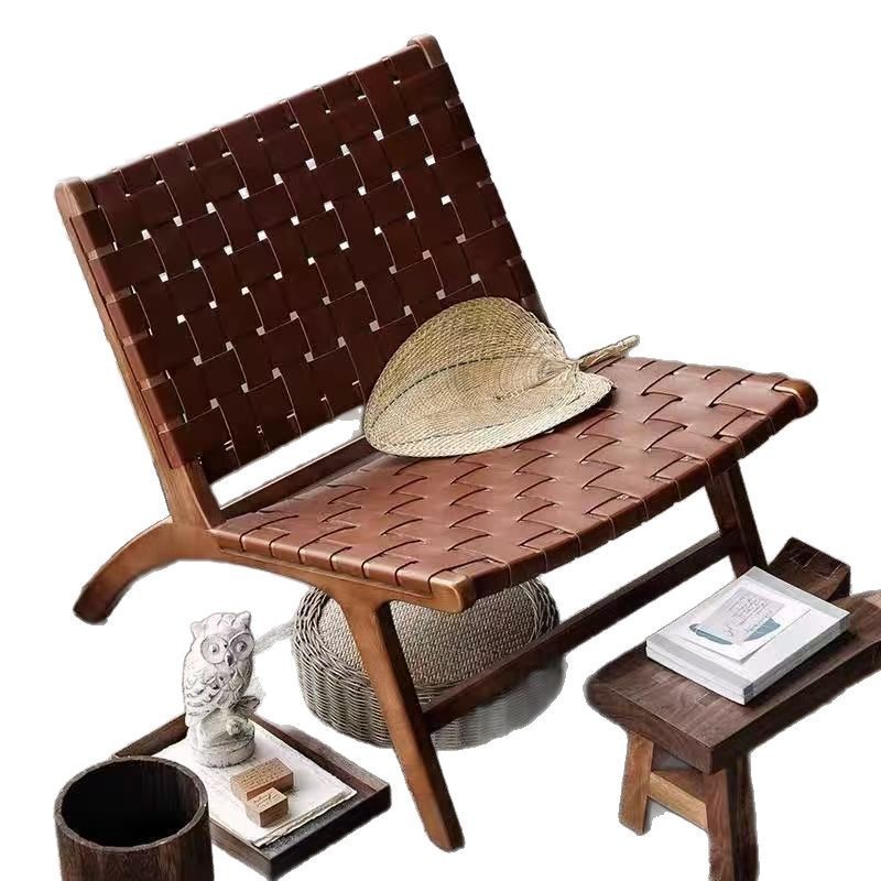 Saddle Leather Chair Solid Wood Retro Leisure Lazy Chair Simple Rope Backrest Internet Celebrity Adult Log Lounge Chair Sofa Chair