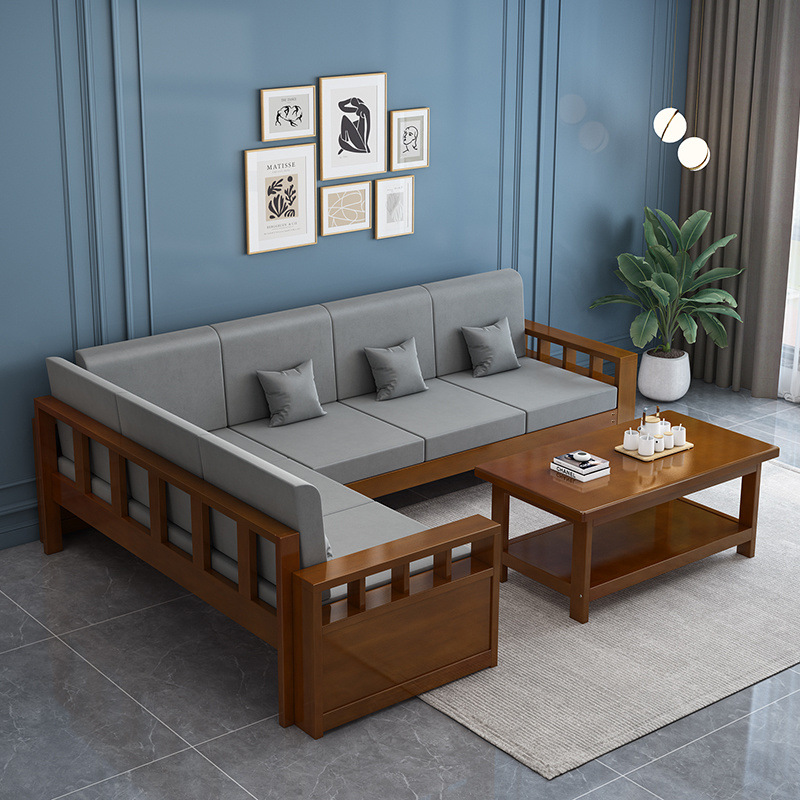 Simple Modern Solid Wood Sofa Coffee Table Combination Small Apartment Living Room Corner Chaise Lounge Pine Wood Sofa New Chinese Style