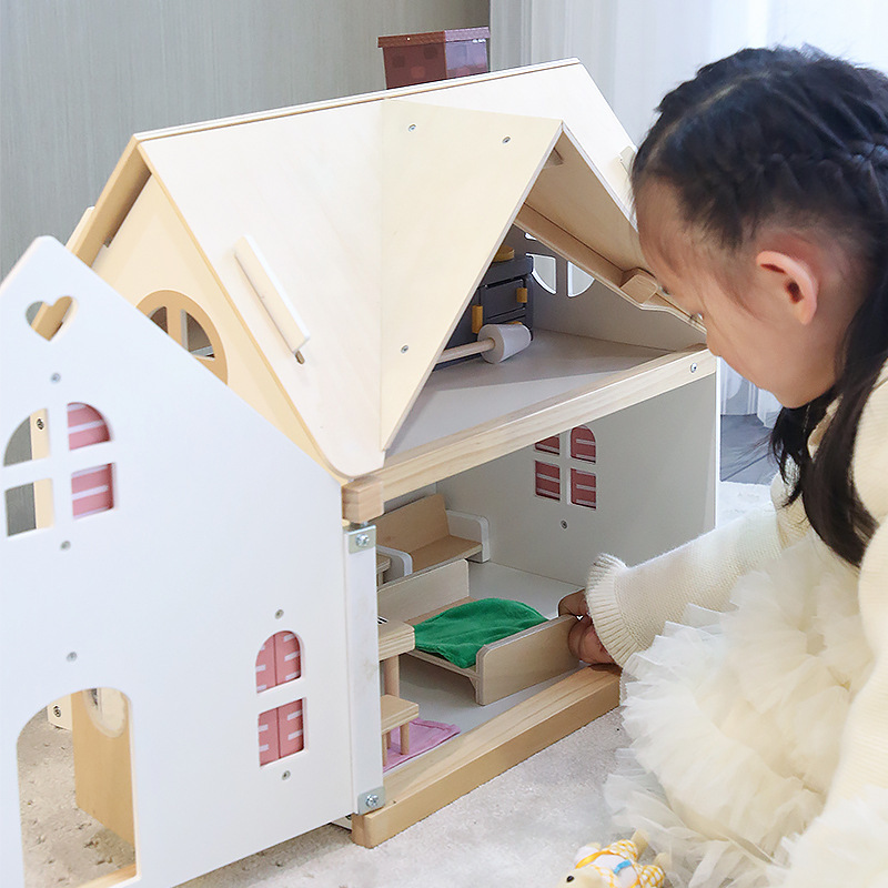 Детский деревянный игровой домик двухуровневый мини мебель