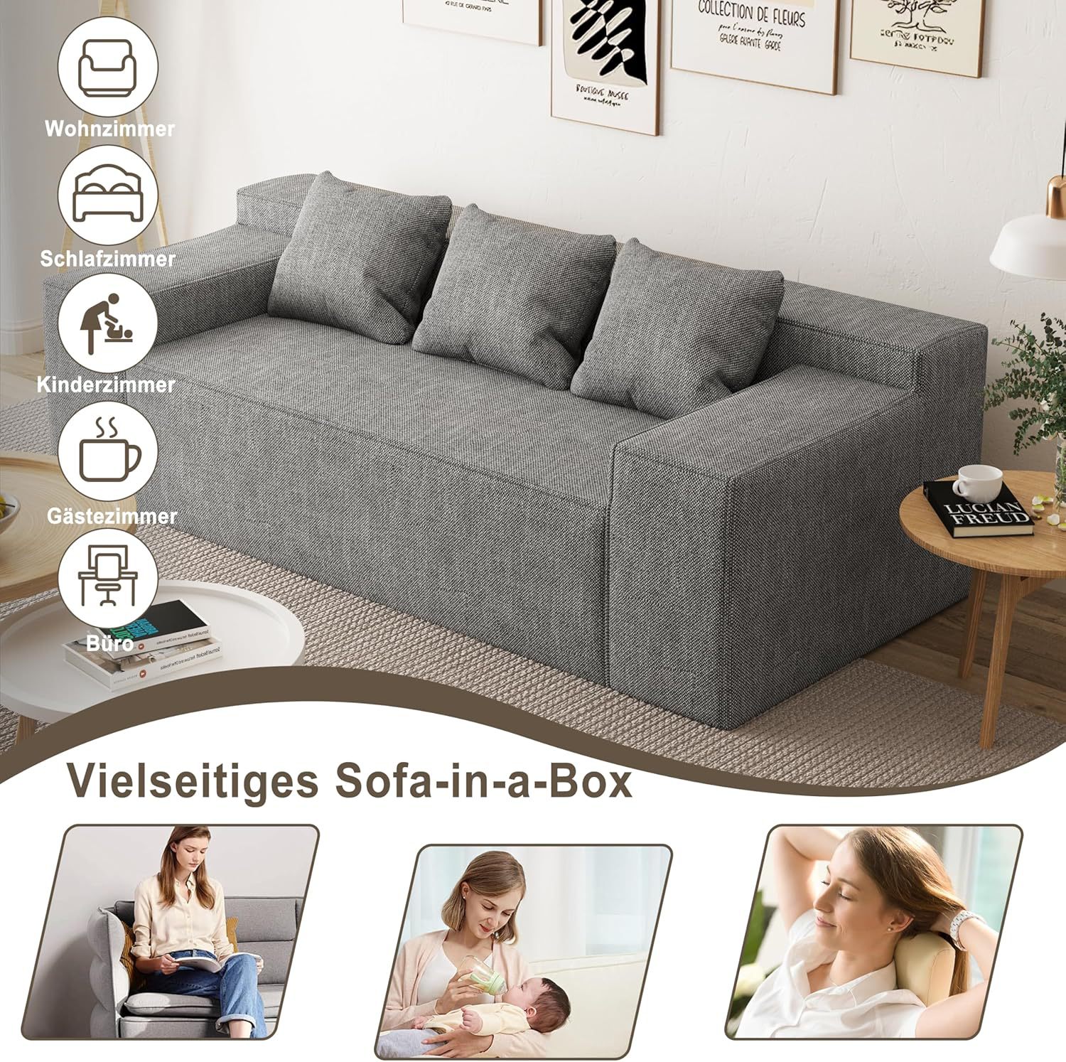 Straight-Row Living Room Sofa, Three-Seater Fabric Sofa Without Frame, Fully Compressed Sponge Sofa