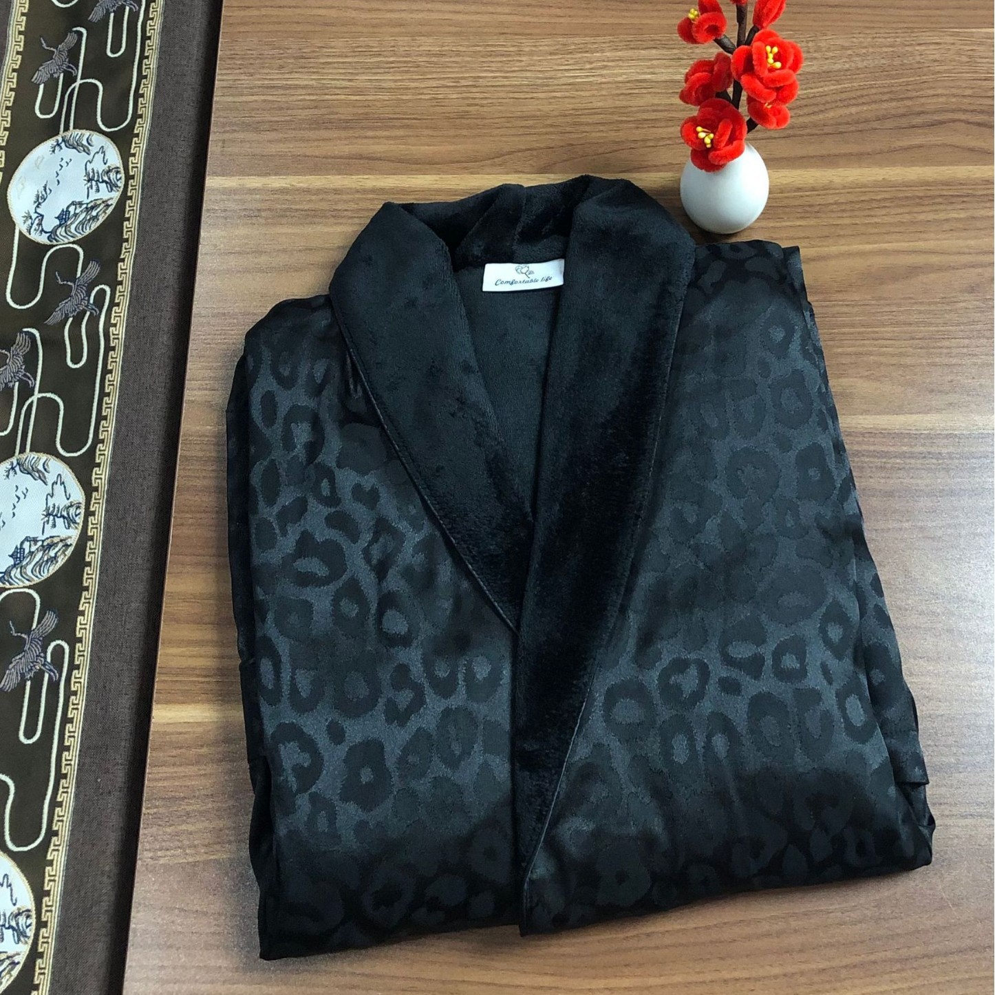 High-End Lady's Classic Black Leopard Print Nightgown Intercontinental Hotel Bathrobe Home Double-Layer Couple Spring Autumn Winter Dressing Gown