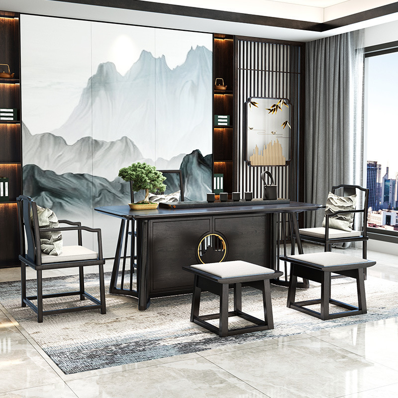 New Chinese Style Tea Table Solid Wood Combination Ash Villa Hotel Wood Office Boss Table Light Luxury Small Apartment Furniture