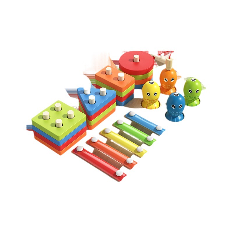 Cross-border Wooden Children's Early Education Benefit Magnetic Fishing Four Sets of Pillars Knocking Piano Geometric Shape Matching Combination Pair Educational Toys