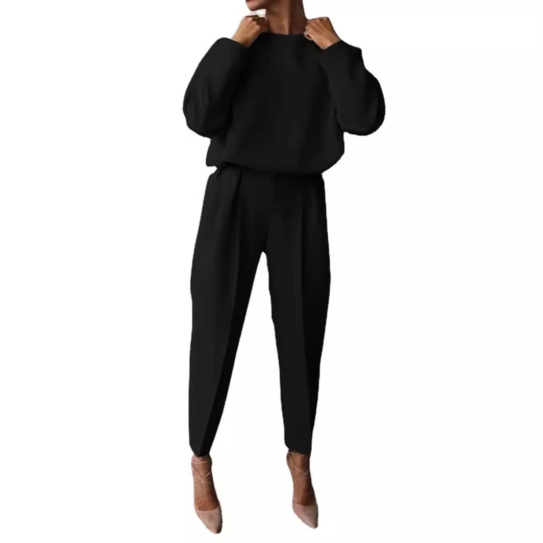 Spot Autumn and Winter Cross-Border European and American Clothing Amazon Loose Solid Color Long-Sleeved Casual Two-Piece Suit