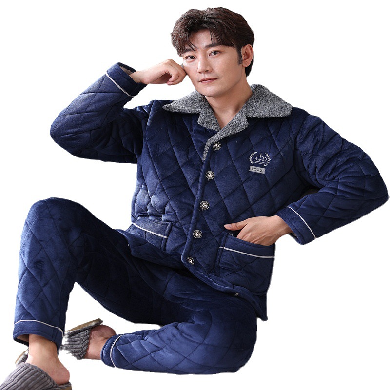 Men's Pajamas Winter Thickened Fleece-lined Three-layer Quilted Coral Fleece Flannel Winter Warm Home Clothes for Middle-aged and Young People