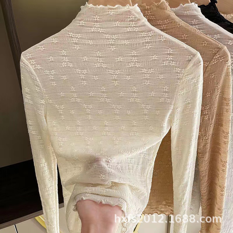 2023 spring new half turtleneck lace bottoming shirt Women's Western style long sleeve tulle hollow mesh inner top
