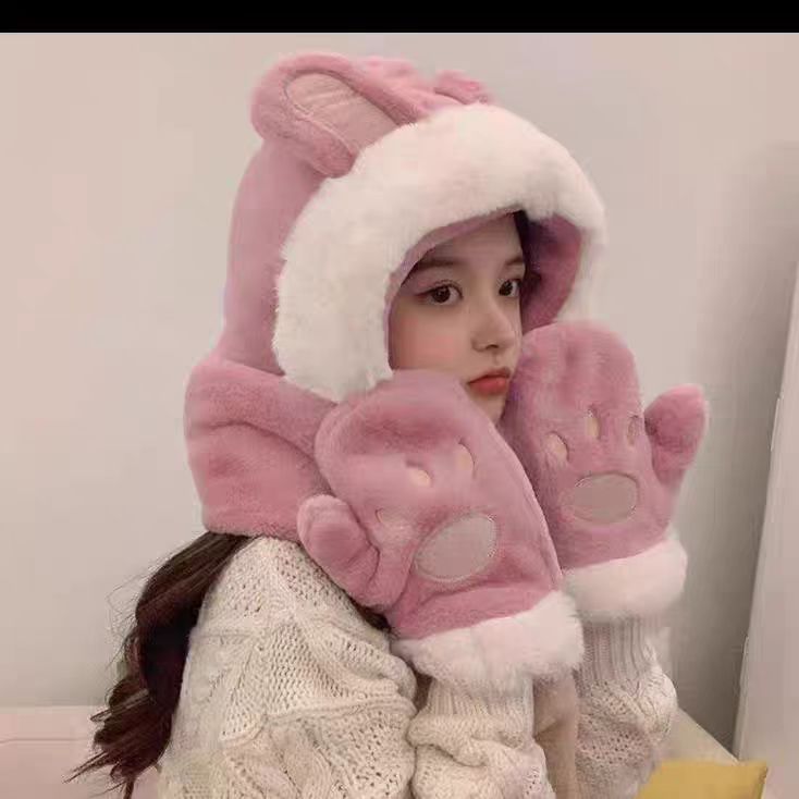 Winter high-value cute Korean student bear hat scarf one-piece gloves three-piece warm hat wholesale