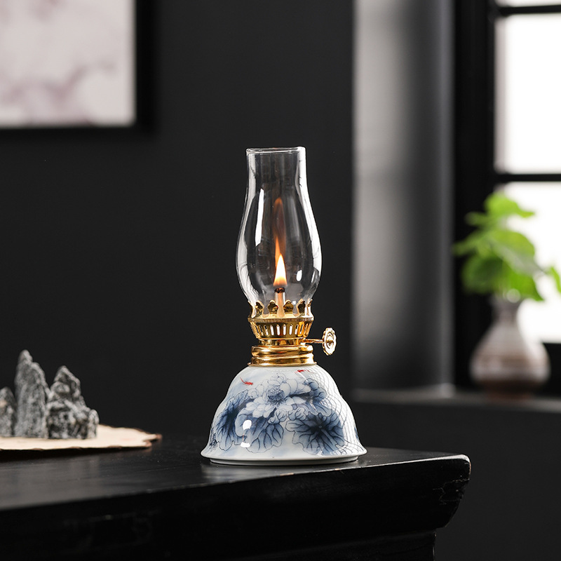 Lotus Pond Moonlight Ceramic Butter Lamp Atmosphere Lamp Ornaments Retro Long Bright Lamp Home Blue and white Camping Buddha Candle Holder