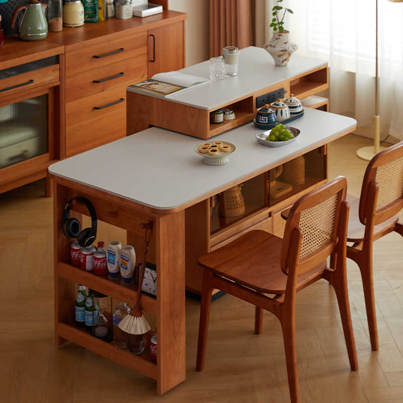 Solid Wood Island Table Integrated Rotating and Retractable Japanese Rock Plate Small Apartment Household Bar Bar Wine Storage Sideboard