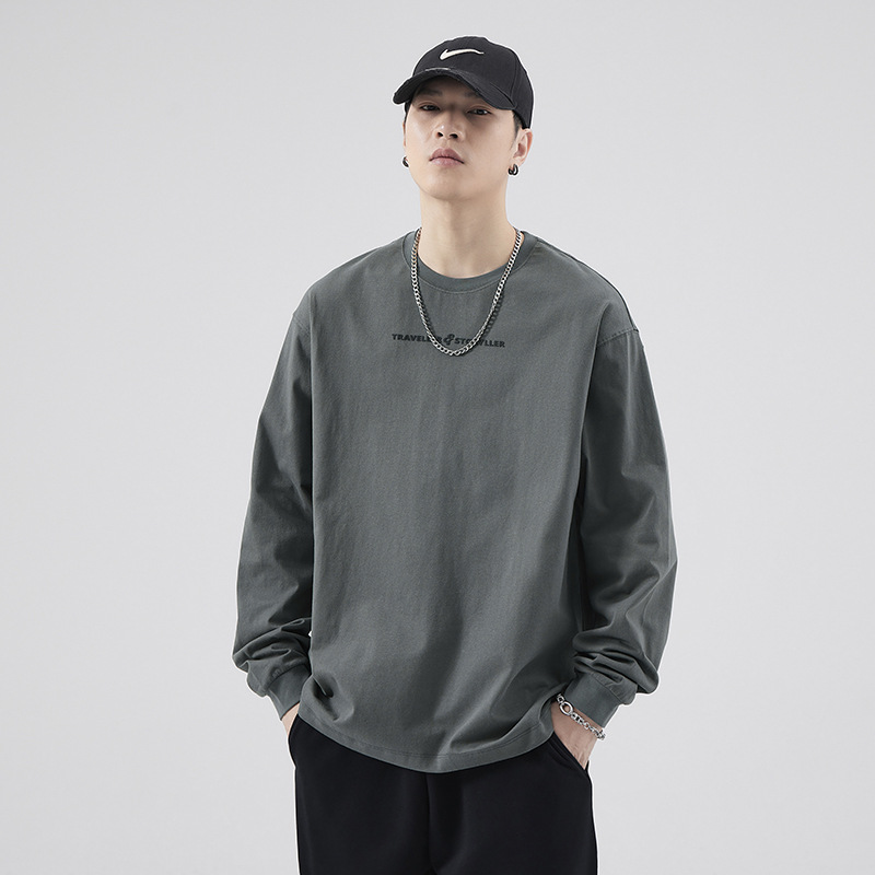 Американский стиль тяжелая хлопковая длинная футболка мужская модная марка весна и осень универсальная свитер мужская весна свободная повседневная базовая рубашка