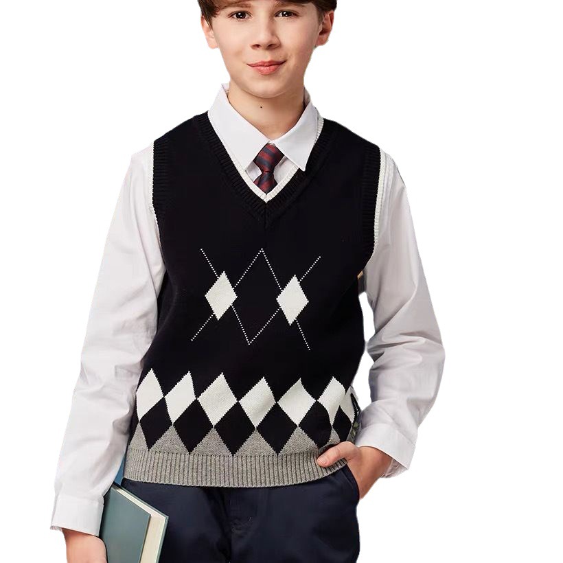 Primary and Middle School Students V-Neck Knitted Vest British College Style School Uniform Sweater for Boys and Girls Diamond Vest Shoulder Waistcoat Class Clothes
