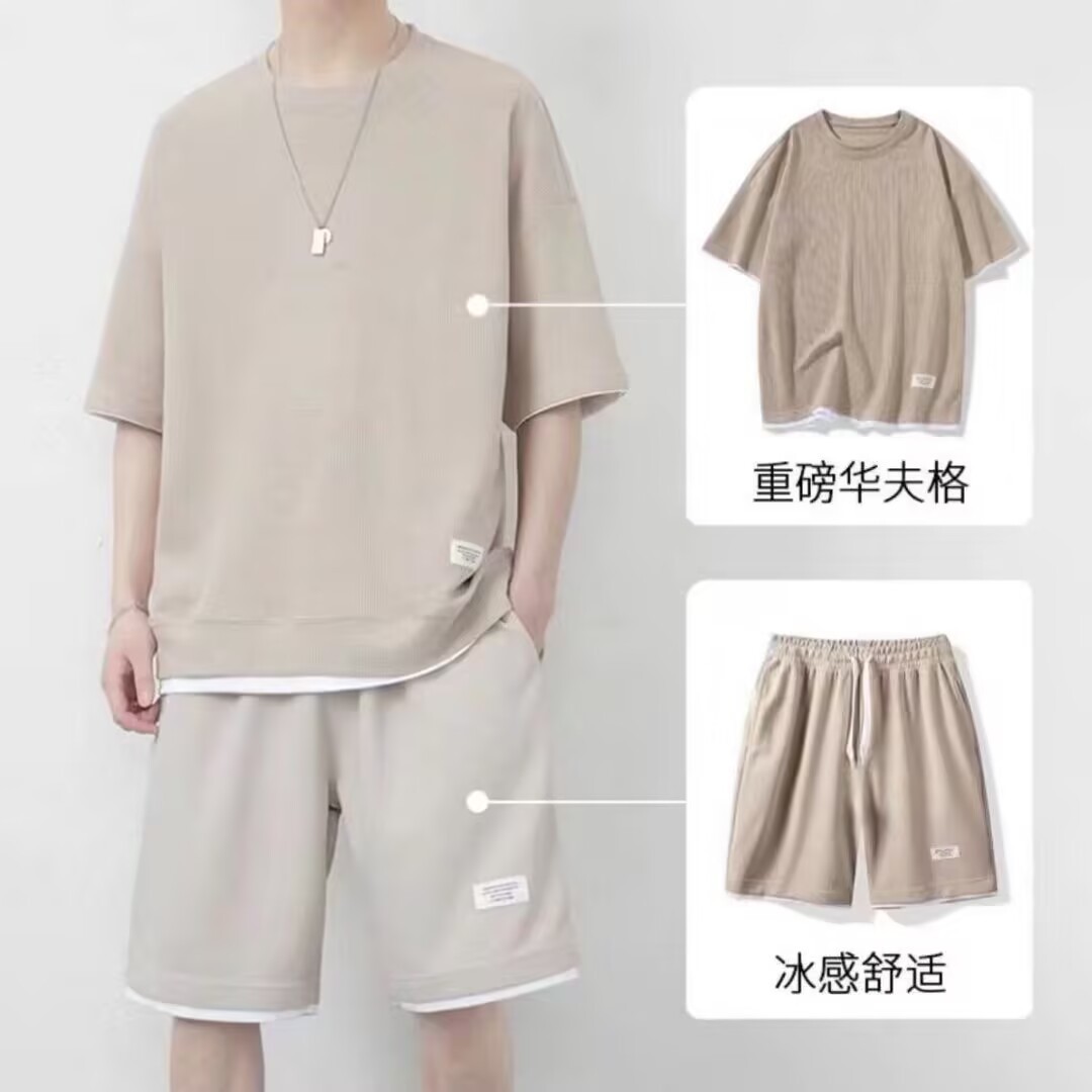 Waffles shorts suit men's summer ice silk short sleeve men's clothing set with handsome fashion brand leisure sportswear