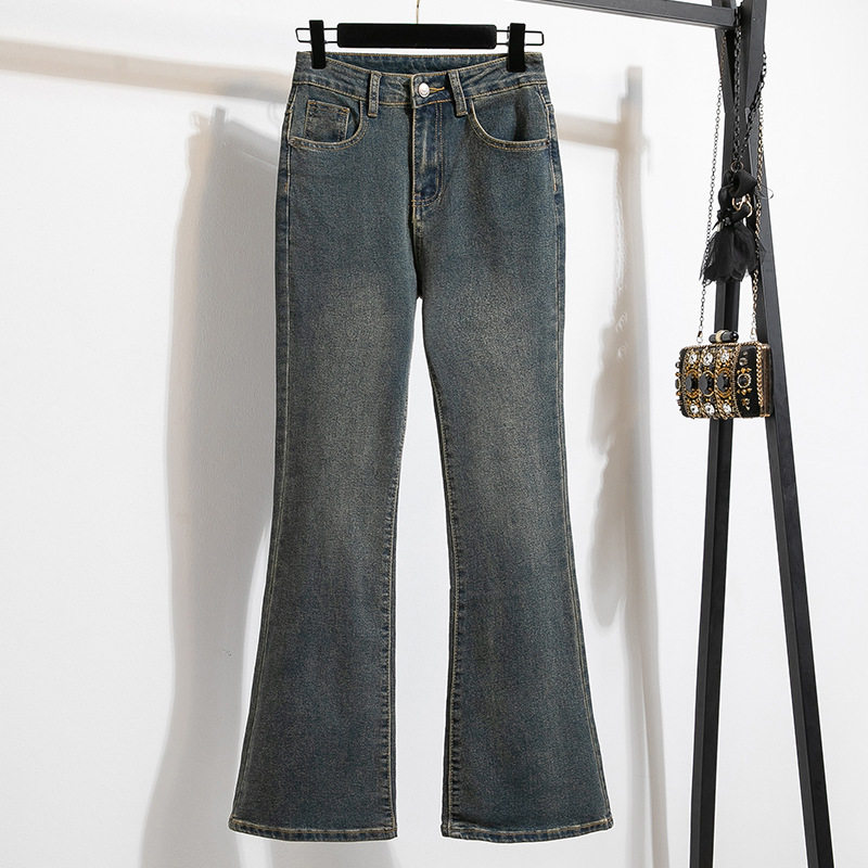 Real Shot Slim Look Micro Lar Jeans Women's Autumn New plus size chubby girl Pear Shape High Waist Elastic Horn Pants