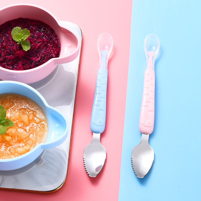 Baby Fruit Double-Headed Mud Scraper 304 Stainless Steel Silicone Soft Spoon Baby Mud Scraper with Storage Box