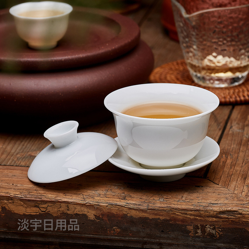 Wholesale White Porcelain Sancai Bowl Ercai Kung Fu Tea Set Large, Medium and Small Pure White Household Tea Bowl Ceramic Tea Cup