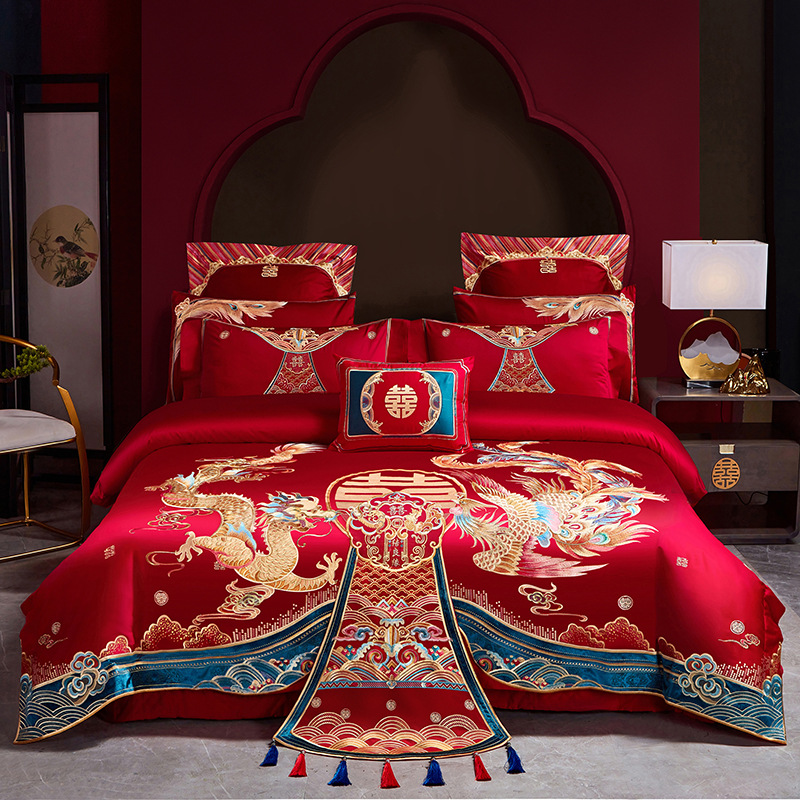 100 high-end long-staple cotton wedding four-piece set big red cotton Xi quilt dragon and phoenix embroidery wedding bedding