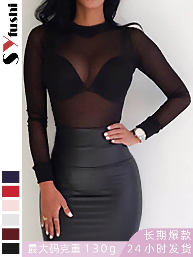 2024 Кросс-бордерный экспорт, летняя женская сексуальная ультратонкая сетчатая эластичная облегающая длинная рубашка с полуторным воротником