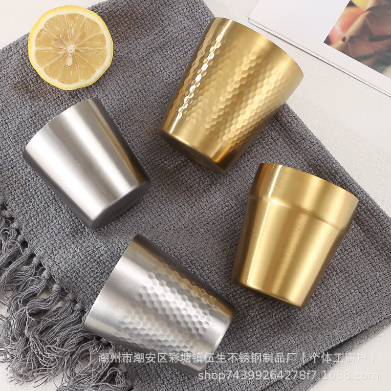 Korean 304 Stainless Steel Double-layer Natural Gold Water Cup Barbecue Barbecue Restaurant Beer Cup Beverage Cup