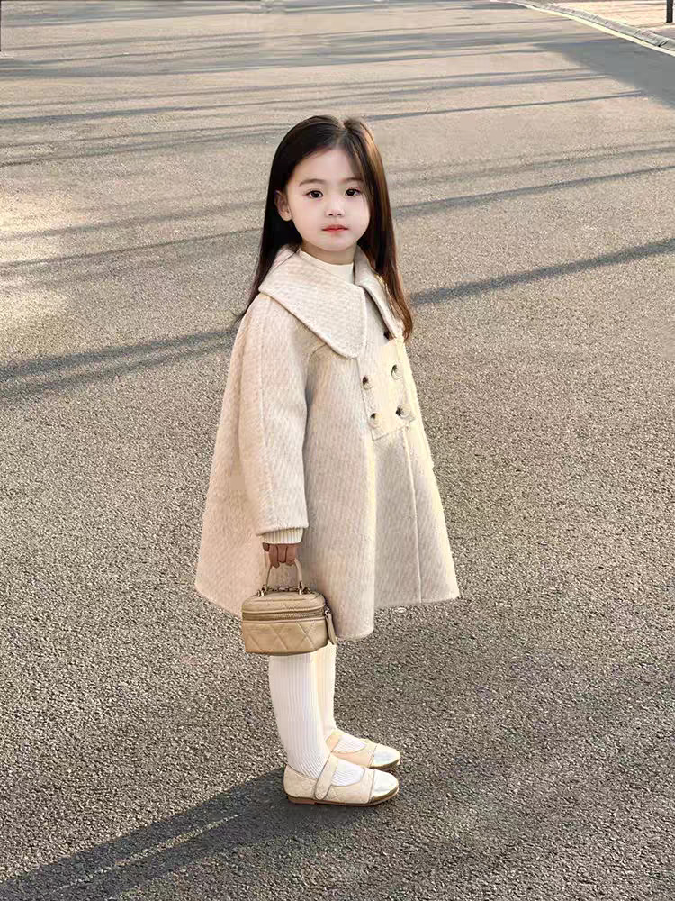 Korean Style Children's Clothing New Girls' Woolen Outwear Autumn and Winter Style Doll Collar Mid-Length Woolen Outwear for Children and Middle-Aged Children