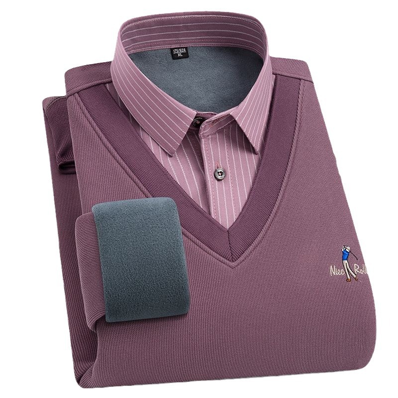 Autumn and Winter Men's fleece-lined Thickened Fake Two-piece Shirt V-neck Warm Pullover Sweater Base-layer Sweater Sweater Sweater