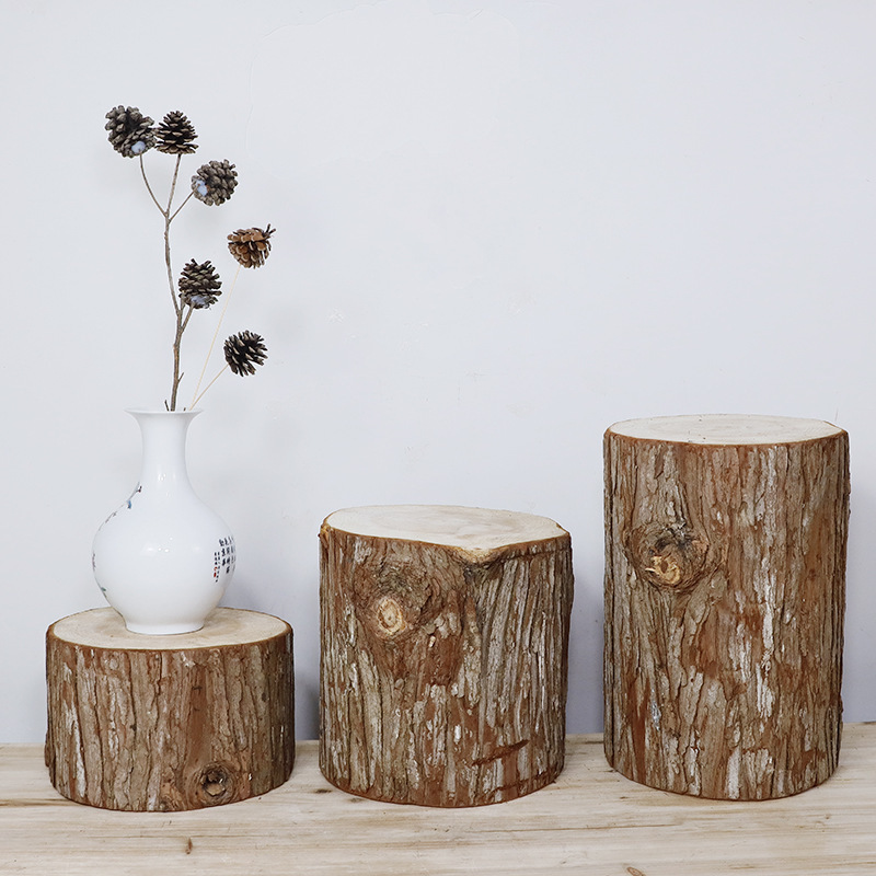 Fir Solid Wood Pier with Leather Wood Pile Cylindrical Wood Segment Solid Wood Pier Log Pier Creative Root Carving Coffee Table Wooden Base Pier