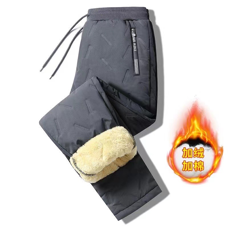 Winter fleece-lined plus fat thick lamb fleece warm kneepad men's warm pants double zipper elastic toe long pants