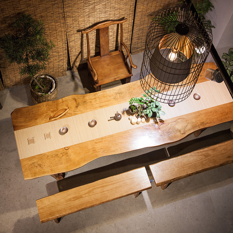 New Chinese Style Tea Table Complete Set for Home Living Room Zen Solid Wood Tea Table Large Table Tea House Tea Room Log Tea Table and Chairs