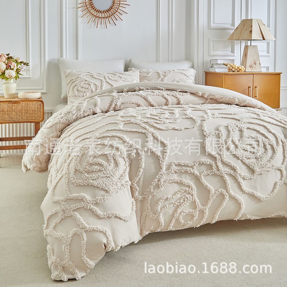 Old Watch Cross-Border Foreign Trade Supply Amazon Bedding Solid Color Cut Flower Tufted Flower Four-Leaf Clover Quilt Cover Pillowcase