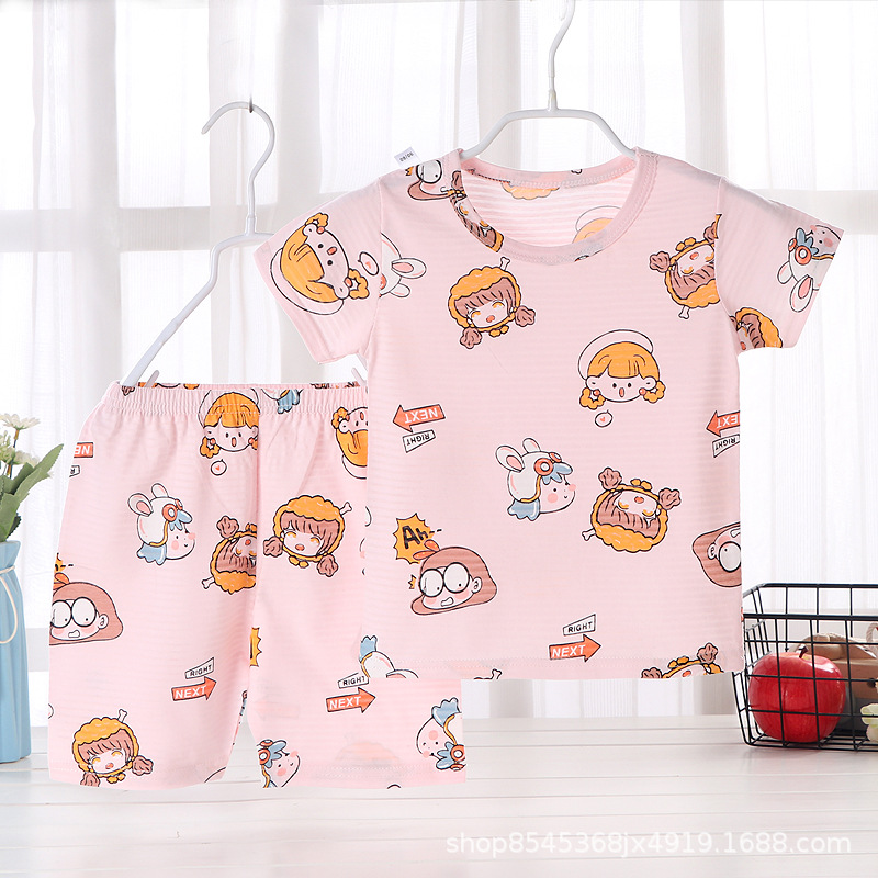 Children's Short Sleeve Suit Cotton Slub Cotton Air-conditioning Suit Home Clothes Pajamas Boys and Girls Half Sleeve