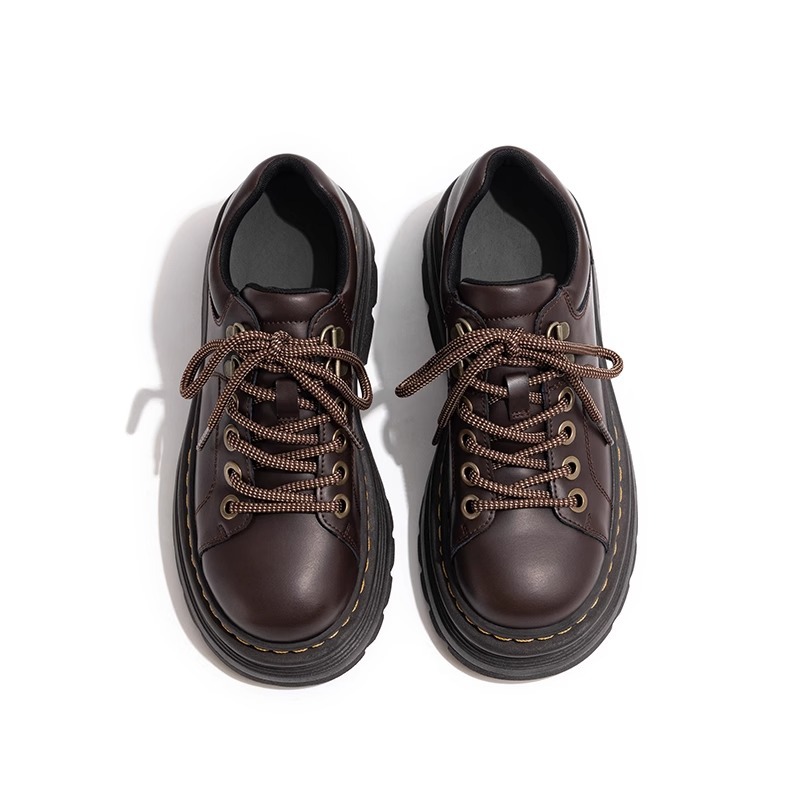 2024 New British Style Lace-up Round-toe All-match Single-layer Shoes Low-heeled Leather Shoes for Women