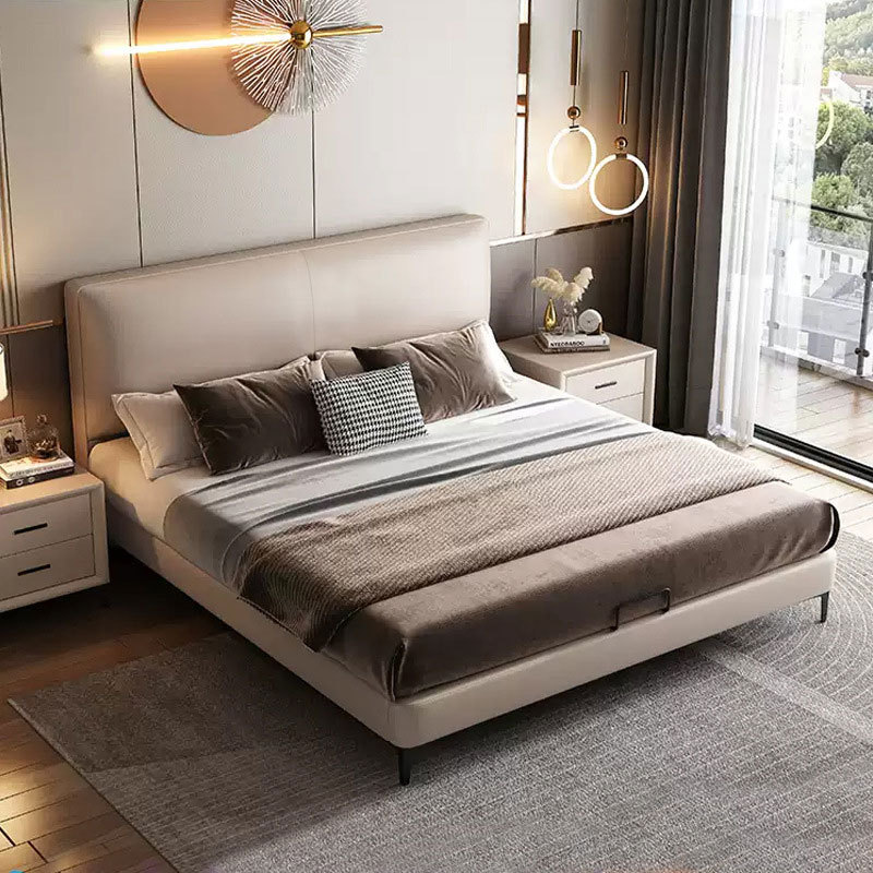Italian Style Minimalist Leather Bed Modern Simple Light Luxury Leather Bed Double Bed Small Apartment Solid Wood Soft Bag Master Bedroom Leather Art Bed