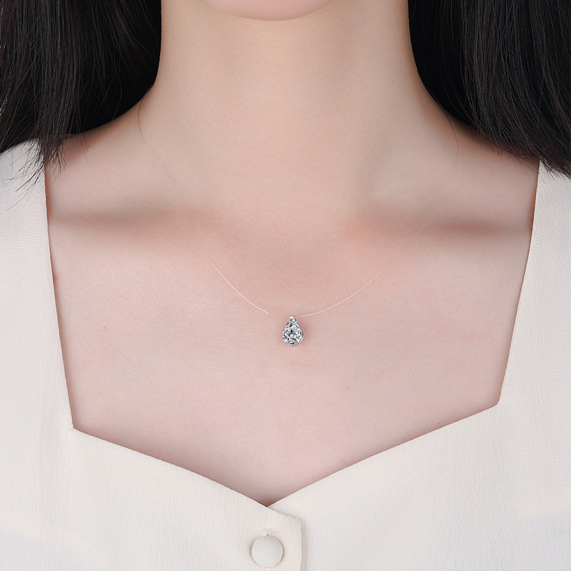 Sun Li's Same Style S925 Sterling Silver Invisible Pear-Shaped Moissanite Necklace Clavicle Chain Mermaid Tears Fish Line Pendant Certificate
