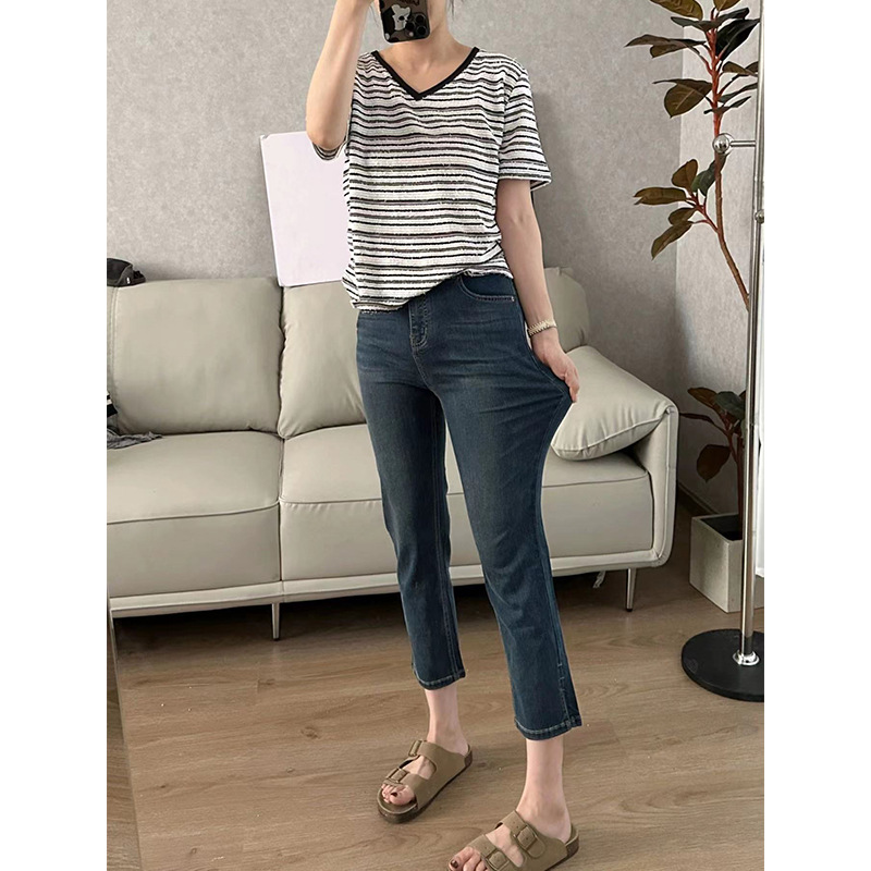 plus size Stretch Split Eight-point Jeans Women's Autumn New chubby girl Small High Waist Slimming Straight Pipe Pants